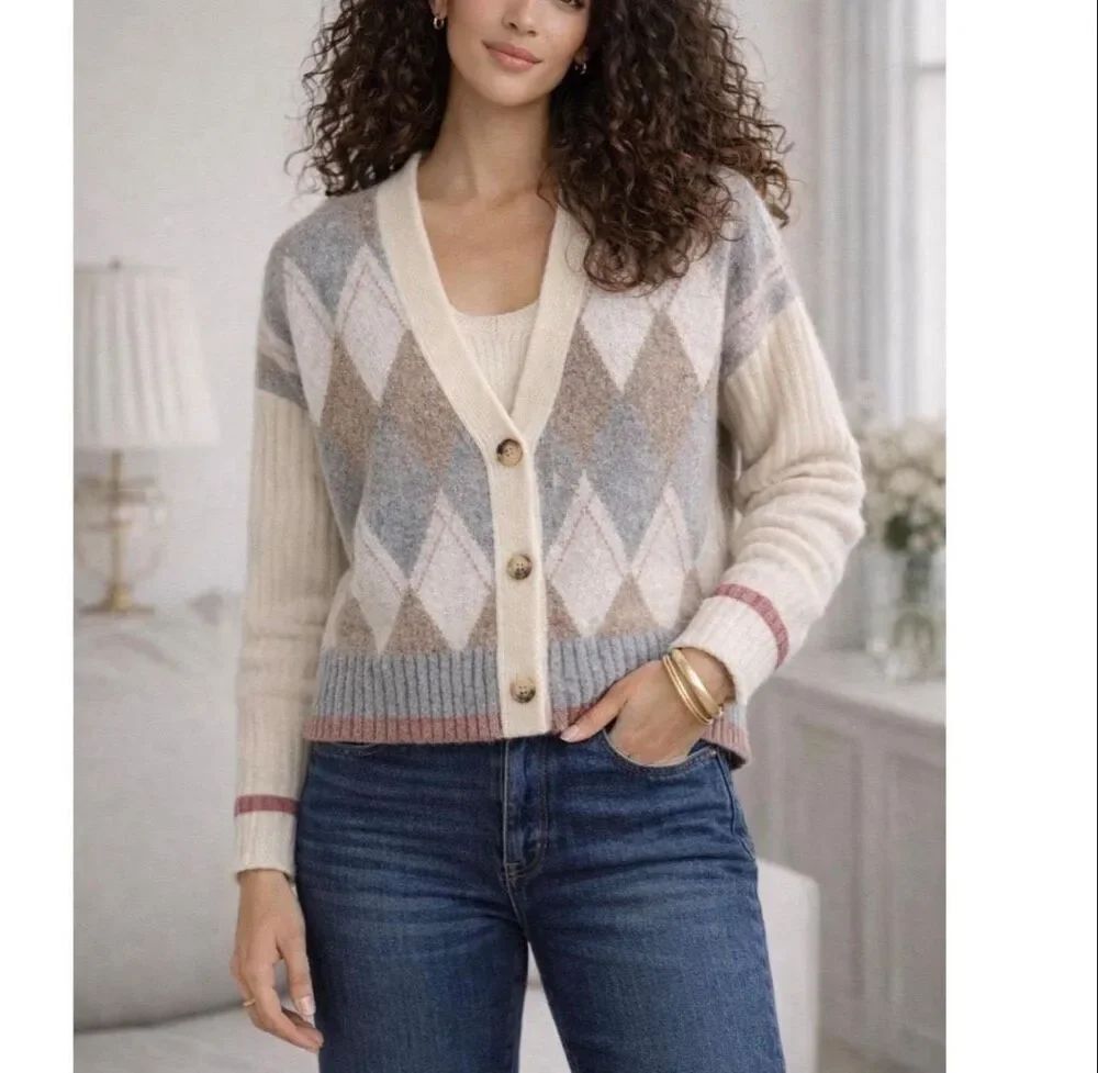 Rachel Zoe cardigan argyle pattern with pink accent stripes size large